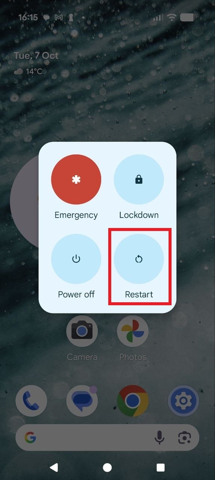 &Eacute;cran invitant l'utilisateur &agrave; red&eacute;marrer l'appareil