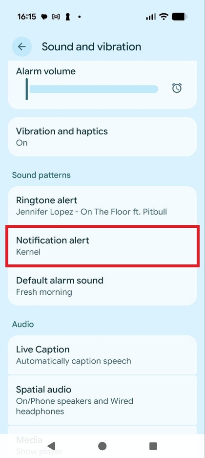 &Eacute;cran affichant le menu de s&eacute;lection du son de notification