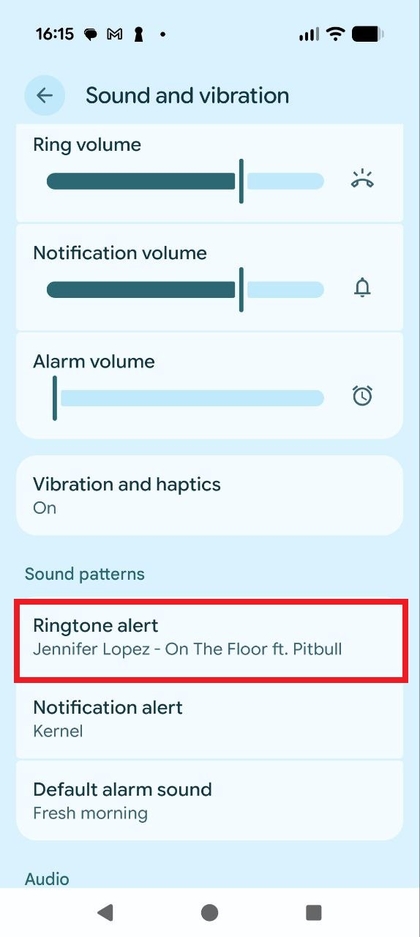 &Eacute;cran affichant le menu de s&eacute;lection de la sonnerie