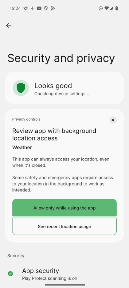 Screenshot showing the options within the Security and privacy menu.