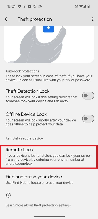 Screenshot showing the Remote lock setting within the Self Protection menu.