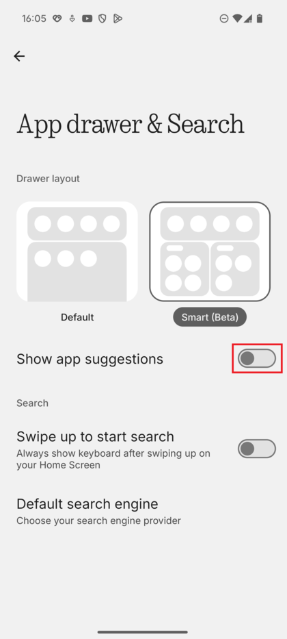 Screenshot of the app drawer settings menu with the 'Show app suggestions' toggle highlighted.