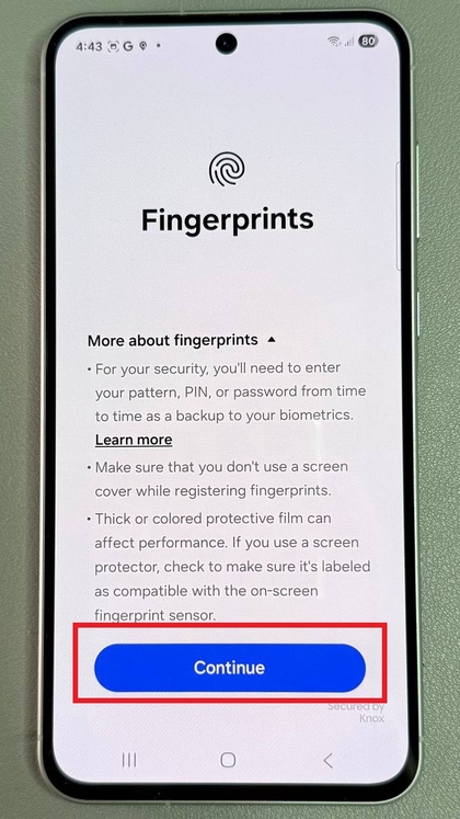 Bildschirm zur Fingerabdruck-Einrichtung auf dem Samsung Galaxy A56