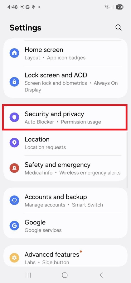 Men&uuml; 'Sicherheit und Datenschutz' in den Samsung Galaxy A56 Einstellungen