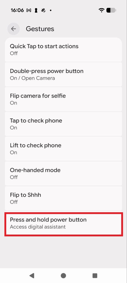 Picha ya skrini ya menyu ya Ishara inayoonyesha chaguo la Bonyeza na ushikilie kitufe cha kuwasha/kuzima limechaguliwa.