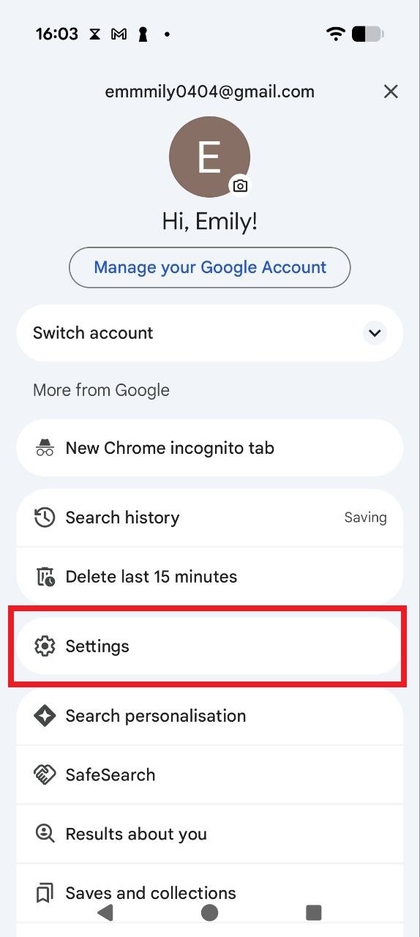 Picha ya skrini ya menyu ya Google app inayoonyesha chaguo la Mipangilio limechaguliwa.