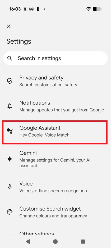 Picha ya skrini ya menyu ya Google Settings inayoonyesha Google Assistant imechaguliwa.