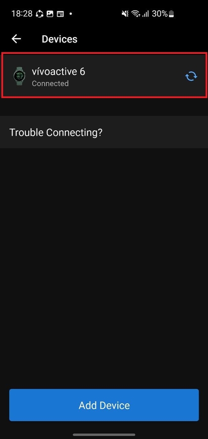 Layar pemilihan perangkat di aplikasi Garmin Connect