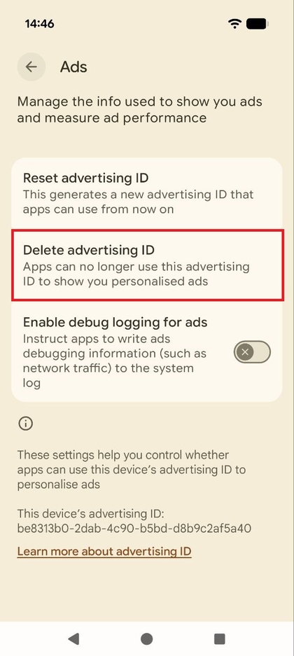 Ekrano nuotrauka i&scaron; meniu &bdquo;Ads&ldquo; (Skelbimų) nustatymų, kuriame pary&scaron;kintas &bdquo;Delete advertising ID&ldquo; (I&scaron;trinti reklamos ID).