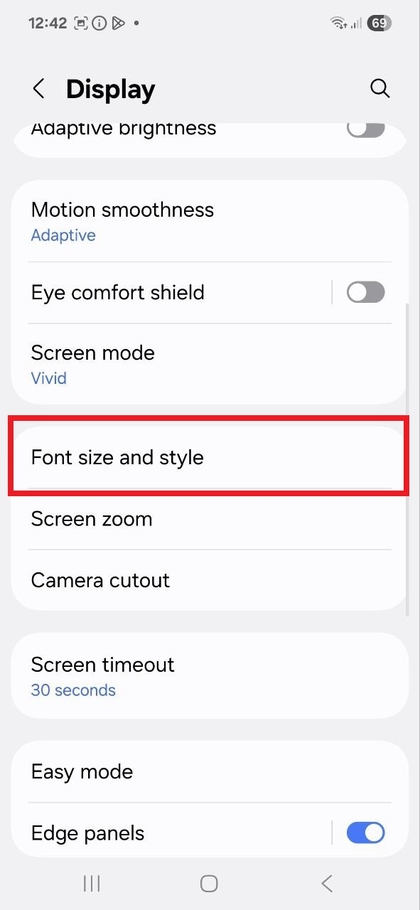 Samsung Galaxy A56 Font Size and Style