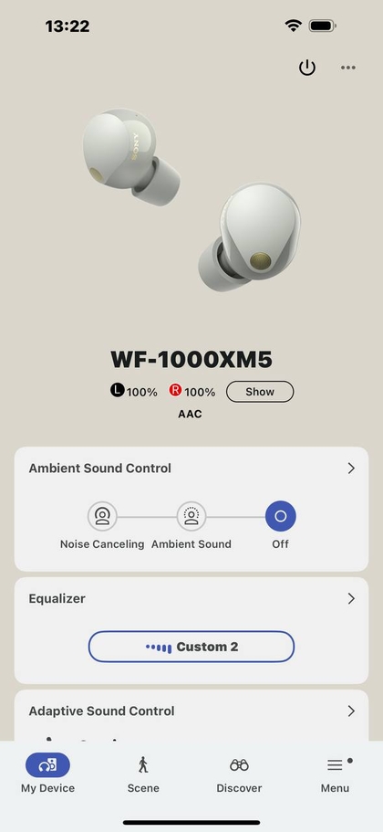 Appsk&aelig;rm, der viser den tilsluttede Sony WF-1000XM5 enhed