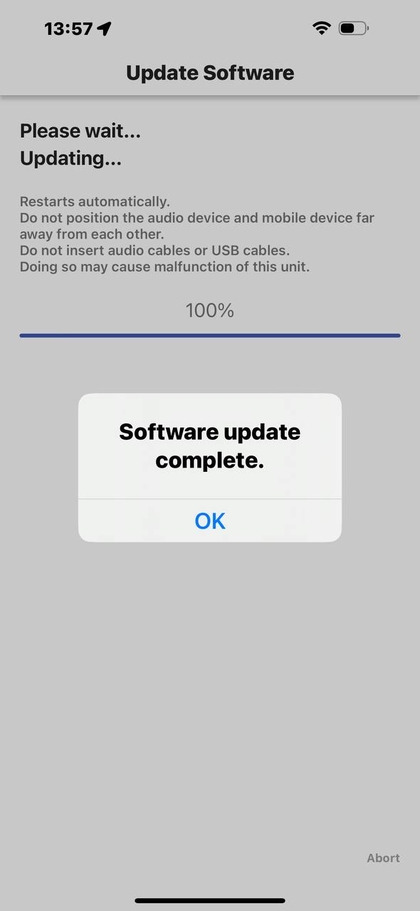 Endelig app-sk&aelig;rm, der viser bekr&aelig;ftelse p&aring;, at firmwareopdateringen er fuldf&oslash;rt og vellykket