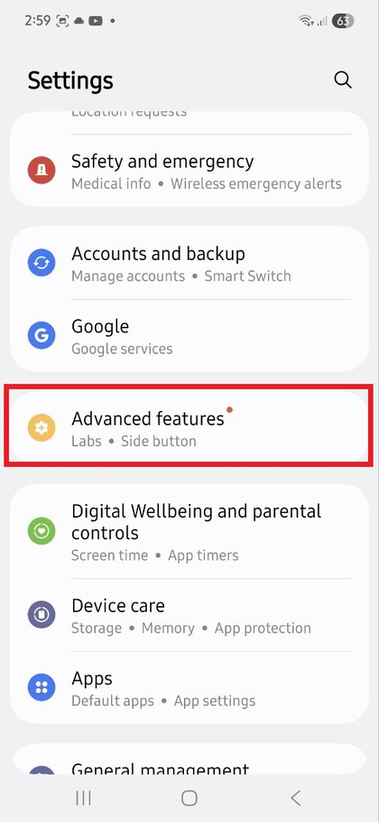 Advanced features menu on Samsung Galaxy A56