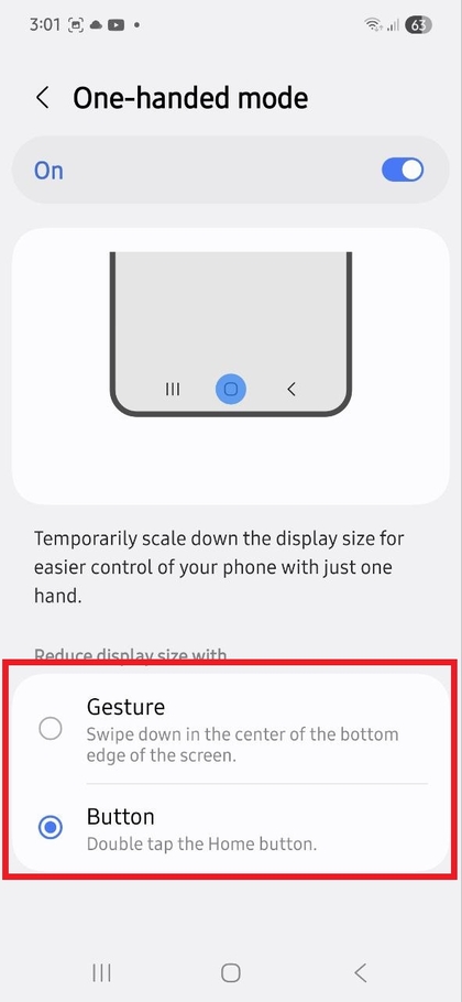 One-handed mode selection on Samsung Galaxy A56