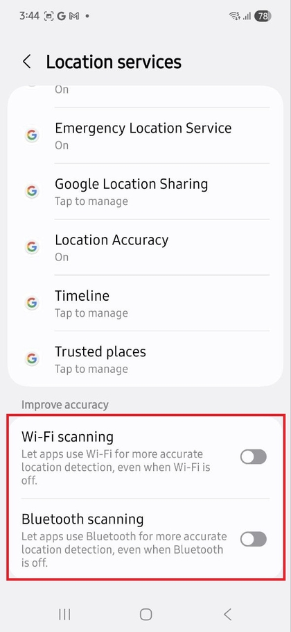 Wi-Fi- ja Bluetooth-skannauksen poistaminen k&auml;yt&ouml;st&auml; Samsung Galaxy A56 -puhelimessa