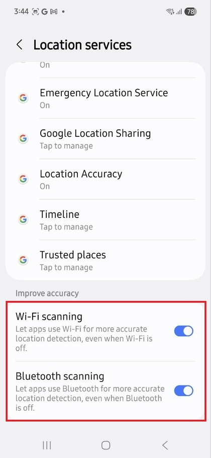 Wi-Fi- ja Bluetooth-skannauksen ottaminen k&auml;ytt&ouml;&ouml;n Samsung Galaxy A56 -puhelimessa