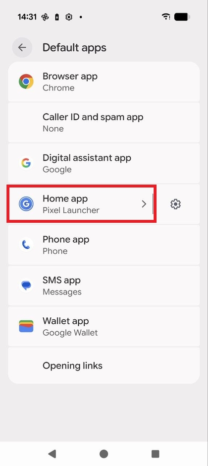 Captura de pantalla del men&uacute; Aplicaciones predeterminadas que muestra la selecci&oacute;n de la aplicaci&oacute;n de inicio resaltada.