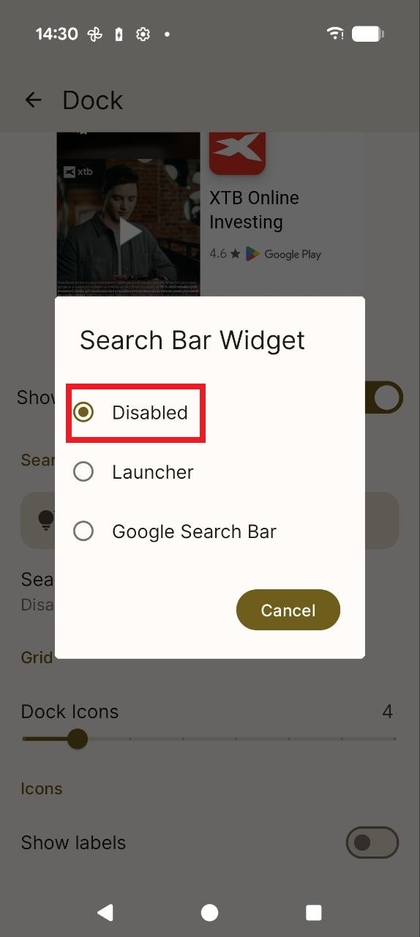 Captura de pantalla de la configuraci&oacute;n del Dock dentro del lanzador, que muestra la opci&oacute;n de desactivar la barra de b&uacute;squeda.