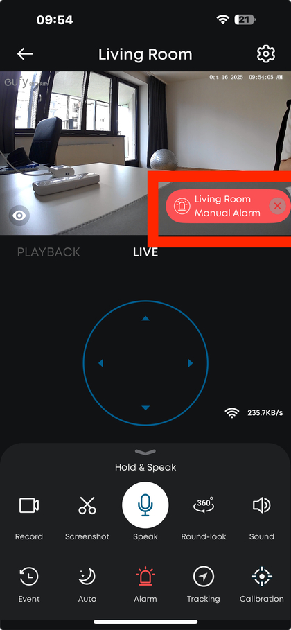 Mwonekano wa picha ya moja kwa moja na chaguo la kuzima kengele ya kamera