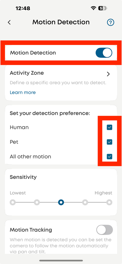 Mipangilio inayoonyesha Binadamu na Mwendo Wote vimewashwa