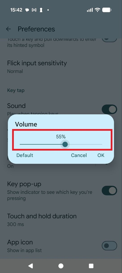 Pamje e ekranit q&euml; tregon rr&euml;shqit&euml;sin e volumit p&euml;r tingujt e shtypjes s&euml; tasteve.