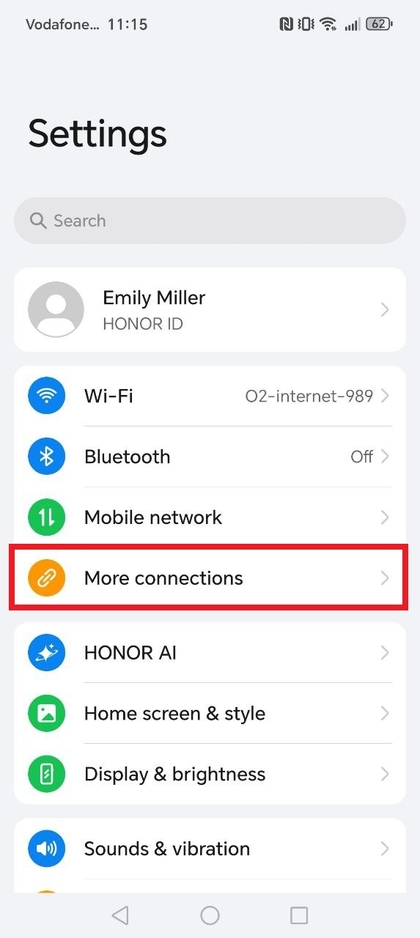 Accessing more connections settings on HONOR 400 Lite