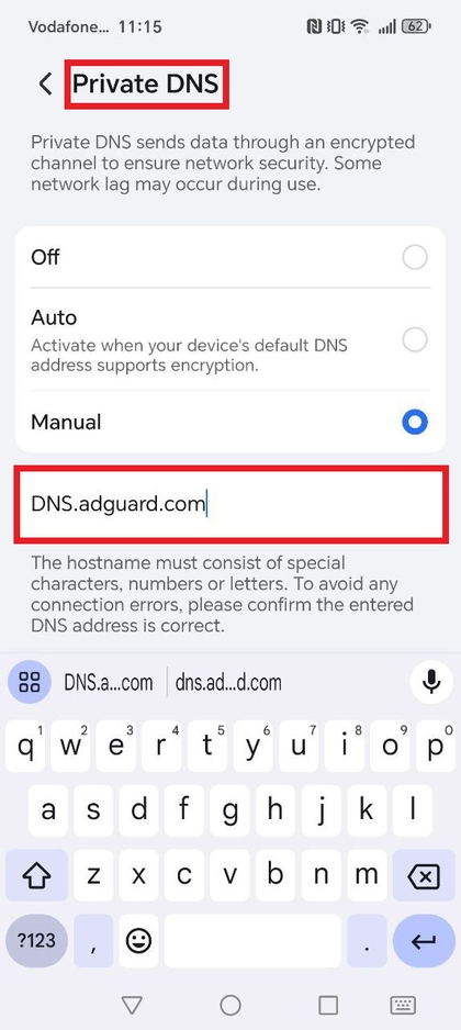 Configuring private DNS on HONOR 400 Lite