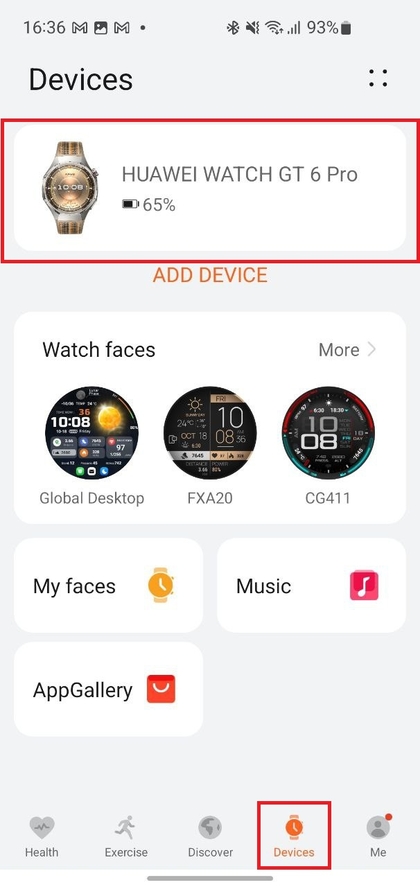 Ger&auml;tebereich der Huawei Health App
