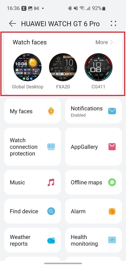 Option 'Watch Faces' (Zifferbl&auml;tter) in Huawei Health