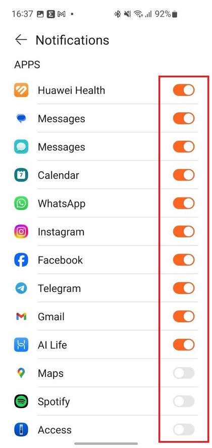 Bildschirm zum Anpassen der Benachrichtigungen