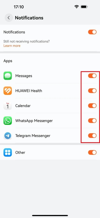 Liste der App-Benachrichtigungen mit Optionen f&uuml;r Nachrichten und Kalender
