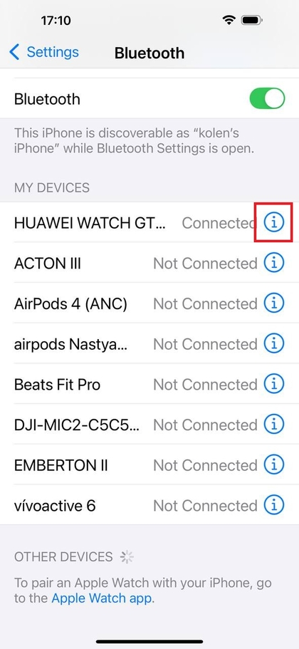 Bluetooth-Einstellungen auf dem iPhone zeigen Huawei Watch