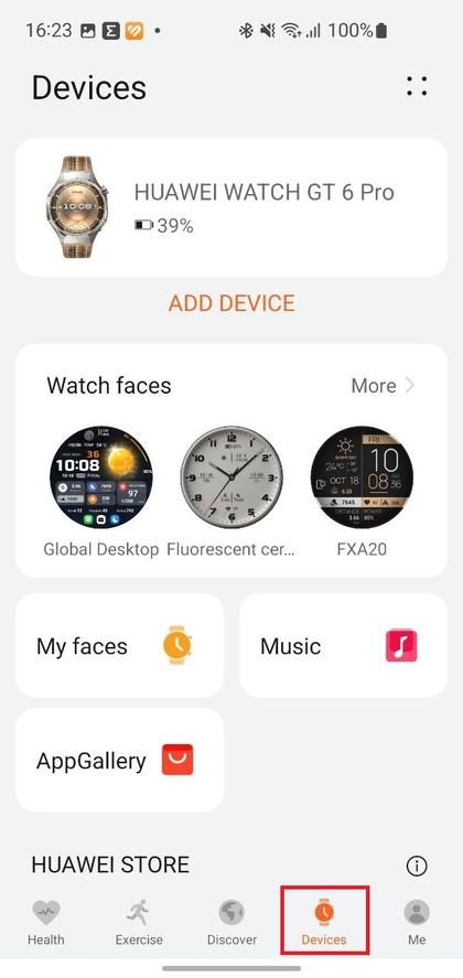 Registerkarte 'Ger&auml;te' in der Huawei Health App