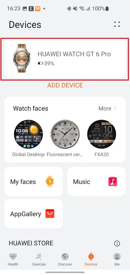 Huawei Watch GT 6 Pro in der Ger&auml;teliste ausw&auml;hlen