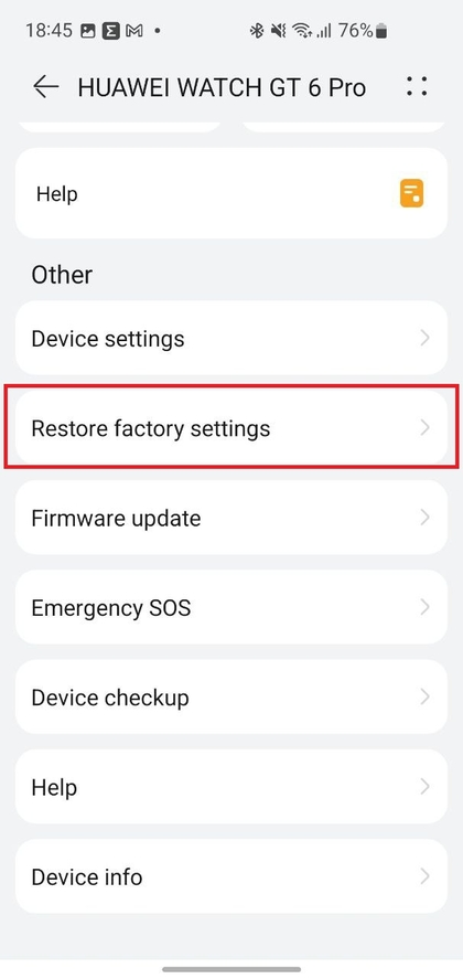 Option 'Werkseinstellungen wiederherstellen' in der Huawei Health App
