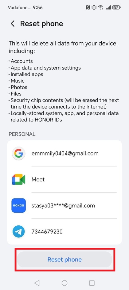 Reset bevestigen op HONOR 400 Lite