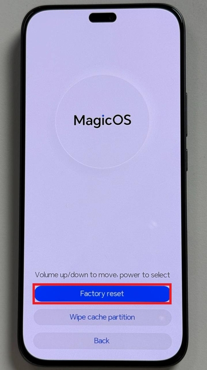Fabrieksreset selecteren in herstelmodus