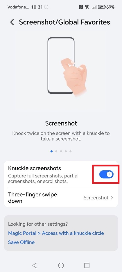 Kn&ouml;chelgesten-Screenshot auf dem HONOR 400 Lite