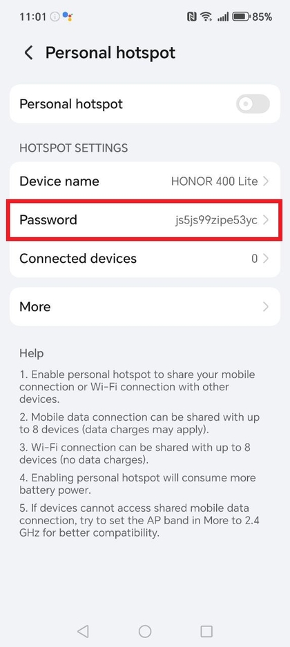 Access hotspot settings to view and change password on HONOR 400 Lite