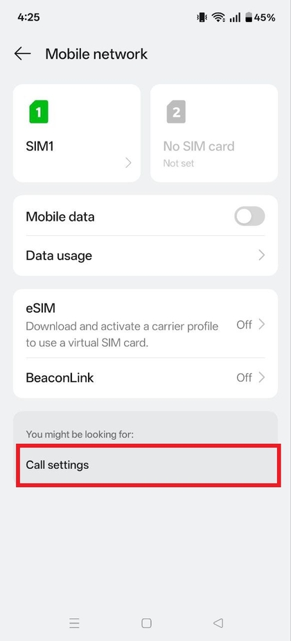 Call settings option in OnePlus 13R 5G mobile settings