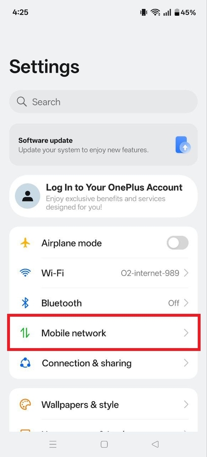 OnePlus 13R 5G settings showing mobile network option