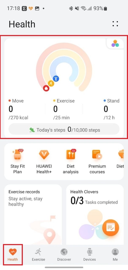 Hauptbildschirm der Huawei Health App zeigt Gesundheitsstatistiken