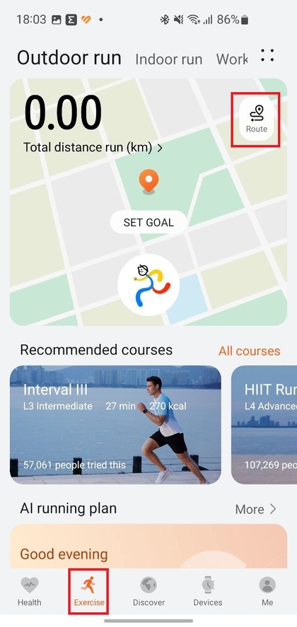 Tabblad 'Trainen' in de Huawei Health-app