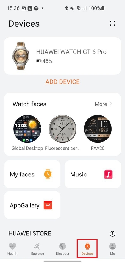 Ausw&auml;hlen der Huawei Watch GT 6 Pro aus der Ger&auml;teliste