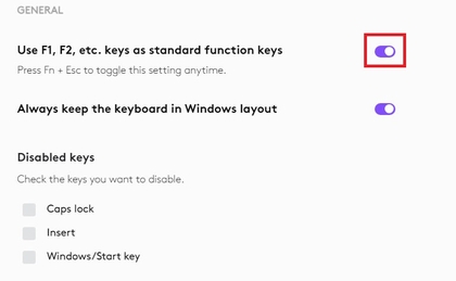 Enable standard function keys in Logitech Options Plus