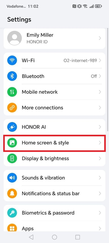 Startscherm & Stijl optie in HONOR 400 Lite instellingen
