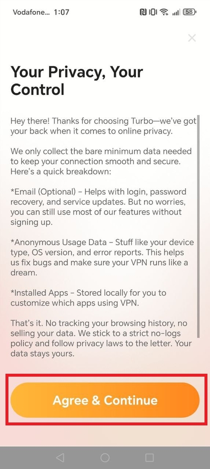 TurboVPN akkoord en doorgaan scherm