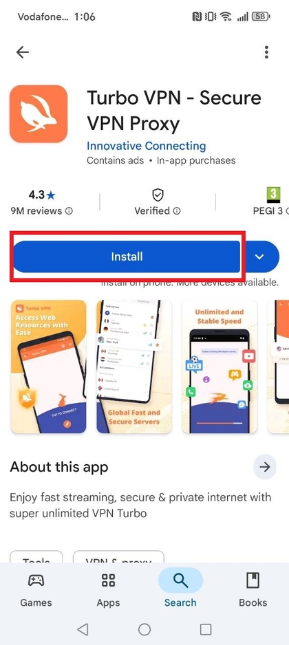 TurboVPN installatiescherm