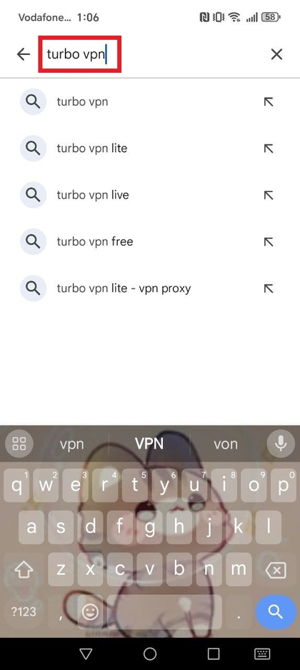 TurboVPN typen in de zoekbalk