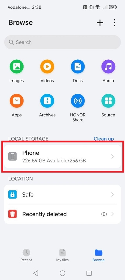 Ausw&auml;hlen des internen Telefonspeichers auf dem HONOR 400 Lite